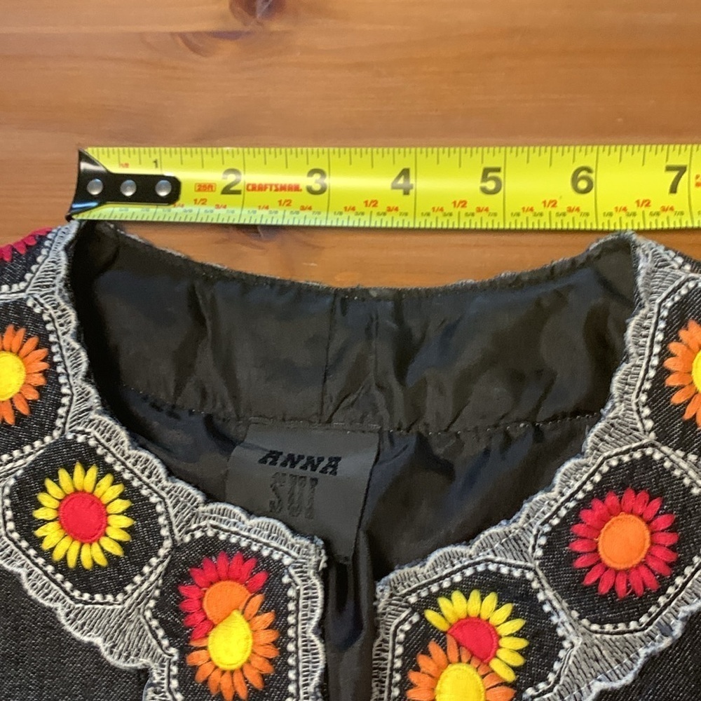 Anna Sui Black Denim Jacket, Fully Lined, Pockets,  Embroidery that Pops - Picture 9 of 15